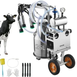 VEVOR Electric Cow Milking Machine, 6.6 Gal / 25 L 304 Stainless Steel Bucket, Food-Grade Teat Cups and Silicone Hose, Strong Suction, Vacuum Pulsation, Electric Milker Machine with Wheels for Cow