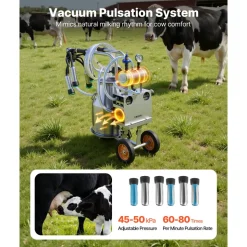VEVOR Electric Cow Milking Machine, 6.6 Gal / 25 L 304 Stainless Steel Bucket, Food-Grade Teat Cups and Silicone Hose, Strong Suction, Vacuum Pulsation, Electric Milker Machine with Wheels for Cow
