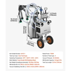 VEVOR Electric Cow Milking Machine, 6.6 Gal / 25 L 304 Stainless Steel Bucket, Food-Grade Teat Cups and Silicone Hose, Strong Suction, Vacuum Pulsation, Electric Milker Machine with Wheels for Cow