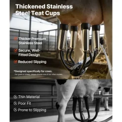VEVOR Electric Cow Milking Machine, 6.6 Gal / 25 L 304 Stainless Steel Bucket, Food-Grade Teat Cups and Silicone Hose, Strong Suction, Vacuum Pulsation, Electric Milker Machine with Wheels for Cow
