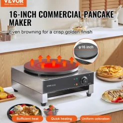 VEVOR Electric Crepe Maker, 16-Inch Commercial Crepe Machine, 1700W Flat Plate Crepe Griddle, Nonstick Stainless Steel Pancake Making Machine, Desktop Circular Cereals Pancake Stove with Temp Control