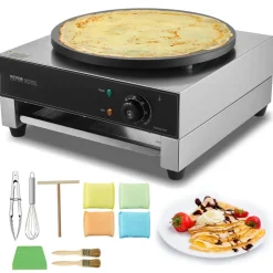 VEVOR Electric Crepe Maker, 16-Inch Commercial Crepe Machine, 1700W Flat Plate Crepe Griddle, Nonstick Stainless Steel Pancake Making Machine, Desktop Circular Cereals Pancake Stove with Temp Control