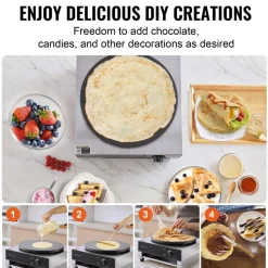VEVOR Electric Crepe Maker, 16-Inch Commercial Crepe Machine, 1700W Flat Plate Crepe Griddle, Nonstick Stainless Steel Pancake Making Machine, Desktop Circular Cereals Pancake Stove with Temp Control