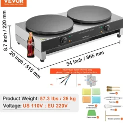 VEVOR Electric Crepe Maker, 16-Inch Double Head Commercial Crepe Machine, 3400W Flat Plate Crepe Griddle, Nonstick Stainless Steel Pancake Making, Desktop Circular Cereals Pancake Stove, AC120V 60Hz