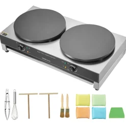 VEVOR Electric Crepe Maker, 16-Inch Double Head Commercial Crepe Machine, 3400W Flat Plate Crepe Griddle, Nonstick Stainless Steel Pancake Making, Desktop Circular Cereals Pancake Stove, AC120V 60Hz