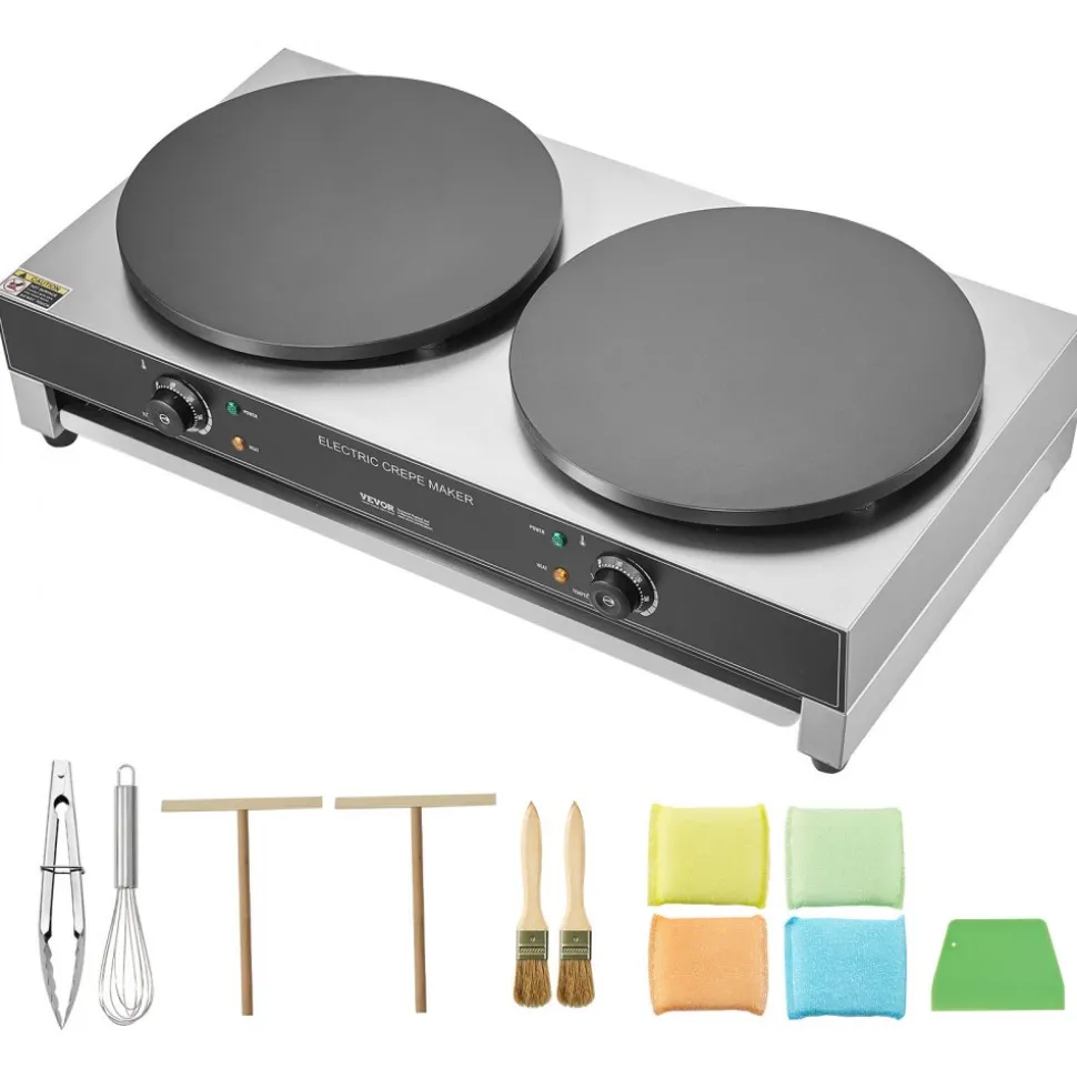 VEVOR Electric Crepe Maker, 16-Inch Double Head Commercial Crepe Machine, 3400W Flat Plate Crepe Griddle, Nonstick Stainless Steel Pancake Making, Desktop Circular Cereals Pancake Stove, AC120V 60Hz
