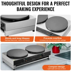VEVOR Electric Crepe Maker, 16-Inch Double Head Commercial Crepe Machine, 3400W Flat Plate Crepe Griddle, Nonstick Stainless Steel Pancake Making, Desktop Circular Cereals Pancake Stove, AC120V 60Hz