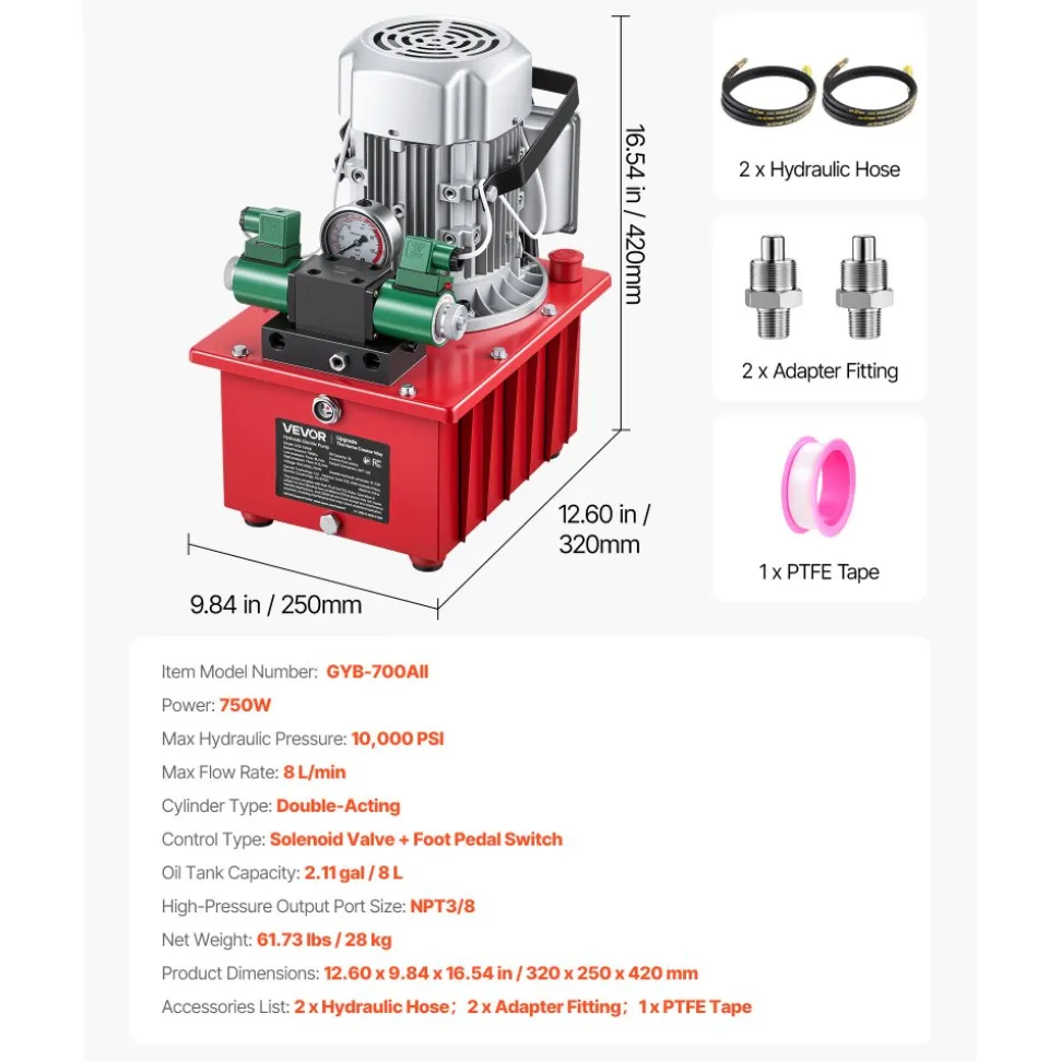 VEVOR Electric Driven Hydraulic Pump, 750W 10,000 PSI, 120V Double Acting Hydraulic Pump Power Pack Unit, Solenoid Valve with Pedal Switch, 2.1 Gal / 8L, for Punching, Bending, Double Acting Cylinders