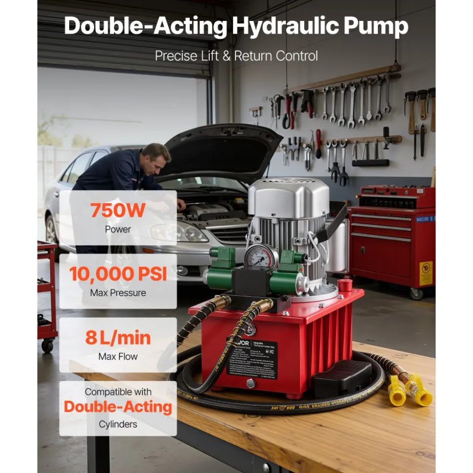VEVOR Electric Driven Hydraulic Pump, 750W 10,000 PSI, 120V Double Acting Hydraulic Pump Power Pack Unit, Solenoid Valve with Pedal Switch, 2.1 Gal / 8L, for Punching, Bending, Double Acting Cylinders