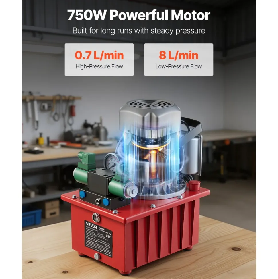 VEVOR Electric Driven Hydraulic Pump, 750W 10,000 PSI, 120V Double Acting Hydraulic Pump Power Pack Unit, Solenoid Valve with Pedal Switch, 2.1 Gal / 8L, for Punching, Bending, Double Acting Cylinders