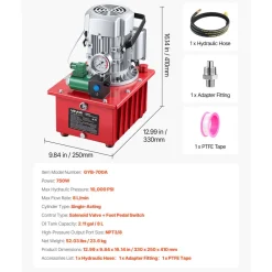 VEVOR Electric Driven Hydraulic Pump, 750W 10,000 PSI, 120V Single Acting Hydraulic Pump Power Pack Unit, Solenoid Valve with Pedal Switch, 2.1 Gal / 8L, for Punching, Bending, Single Acting Cylinders