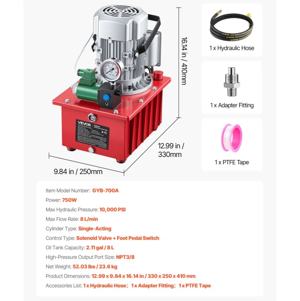VEVOR Electric Driven Hydraulic Pump, 750W 10,000 PSI, 120V Single Acting Hydraulic Pump Power Pack Unit, Solenoid Valve with Pedal Switch, 2.1 Gal / 8L, for Punching, Bending, Single Acting Cylinders