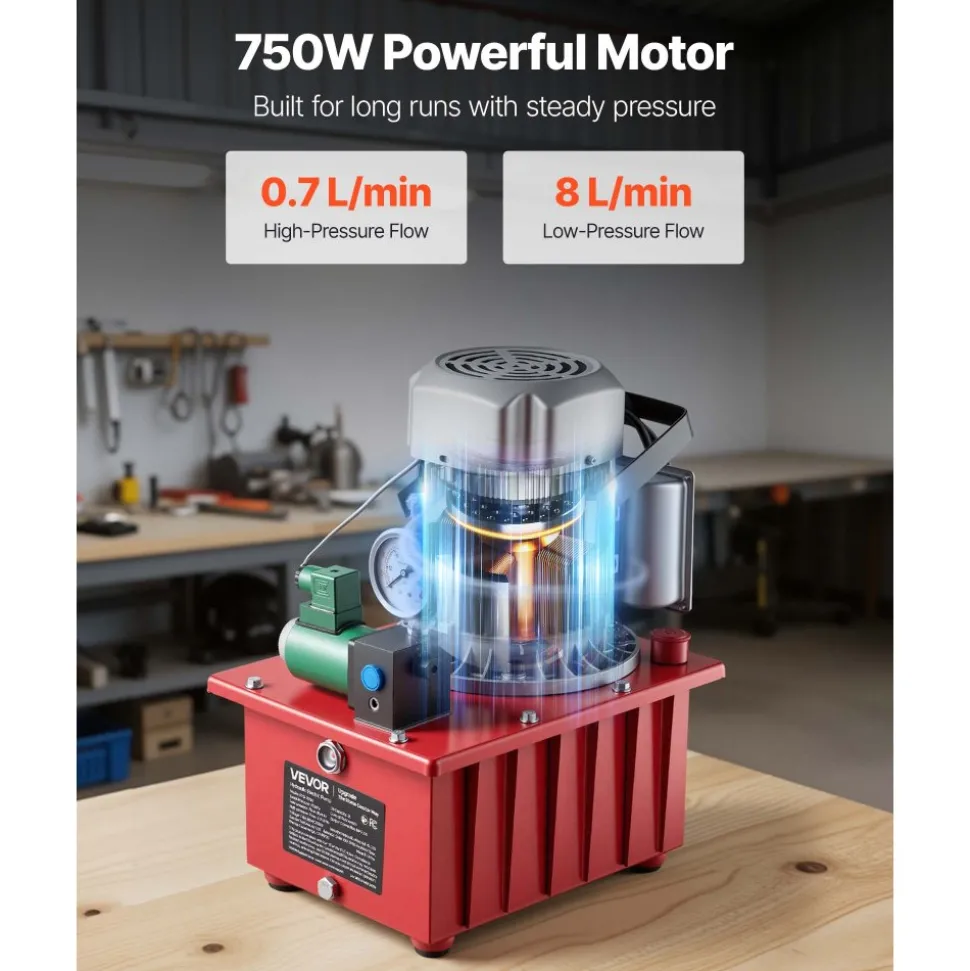 VEVOR Electric Driven Hydraulic Pump, 750W 10,000 PSI, 120V Single Acting Hydraulic Pump Power Pack Unit, Solenoid Valve with Pedal Switch, 2.1 Gal / 8L, for Punching, Bending, Single Acting Cylinders