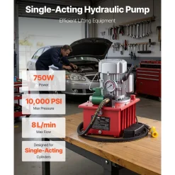 VEVOR Electric Driven Hydraulic Pump, 750W 10,000 PSI, 120V Single Acting Hydraulic Pump Power Pack Unit, Solenoid Valve with Pedal Switch, 2.1 Gal / 8L, for Punching, Bending, Single Acting Cylinders