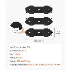 VEVOR Electric Edger Blades, 8.8-inch Length, 3-Pack Replacement Blades, 65Mn High-Carbon Steel with Electrophoretic Coating, Multi-Serrated Sharp Edge, Compatible with the VEVOR ASYTM01230 Edger