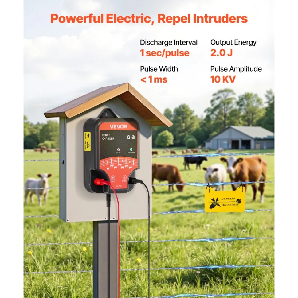 VEVOR Electric Fence Charger, 10kV 2J, AC DC Electric Fence Energizer with LED Indicator, 1.86 Miles Range, Powerful Plug-in Fences Charger, Prevents Wild Animals Intrusion for Livestock Poultry