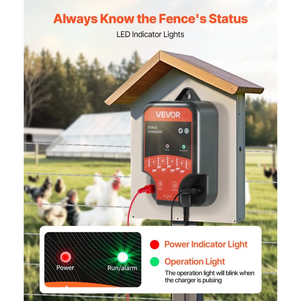 VEVOR Electric Fence Charger, 10kV 2J, AC DC Electric Fence Energizer with LED Indicator, 1.86 Miles Range, Powerful Plug-in Fences Charger, Prevents Wild Animals Intrusion for Livestock Poultry