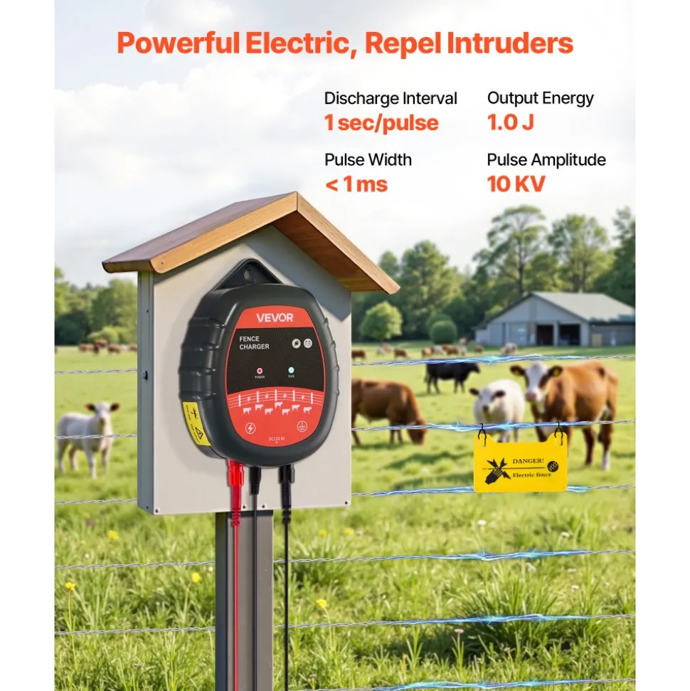 VEVOR Electric Fence Charger, 10kV 1J, AC DC Electric Fence Energizer with LED Indicator, 1.86 Miles Range, Powerful Plug-in Fences Charger, Prevents Wild Animals Intrusion for Livestock Poultry