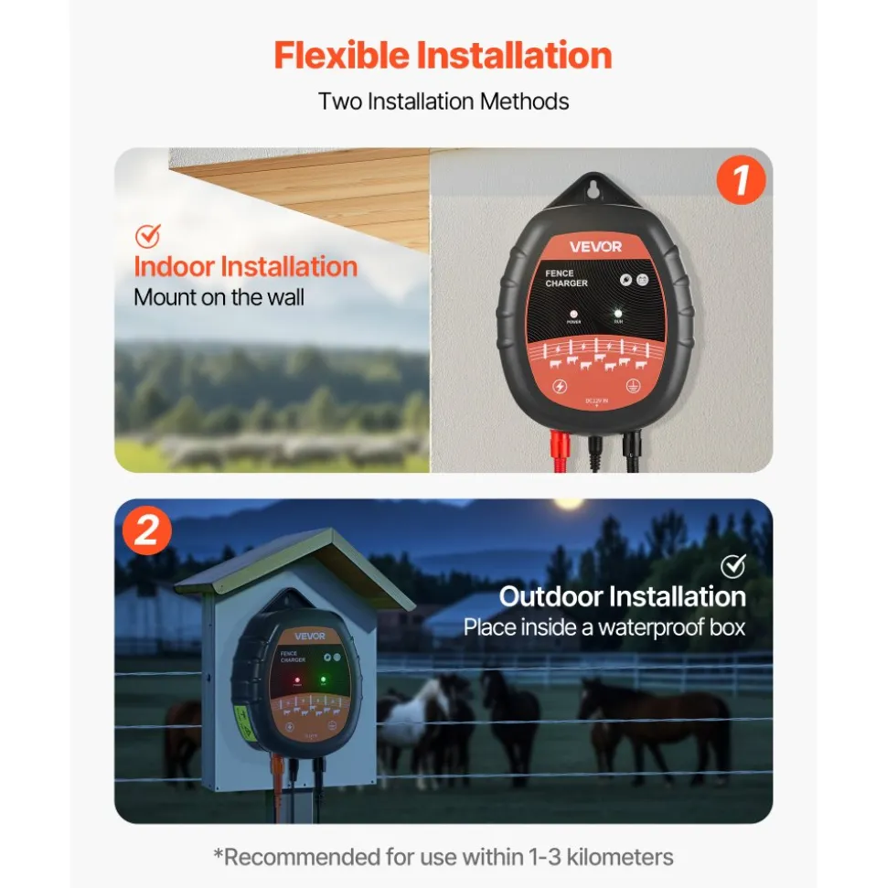 VEVOR Electric Fence Charger, 10kV 1J, AC DC Electric Fence Energizer with LED Indicator, 1.86 Miles Range, Powerful Plug-in Fences Charger, Prevents Wild Animals Intrusion for Livestock Poultry