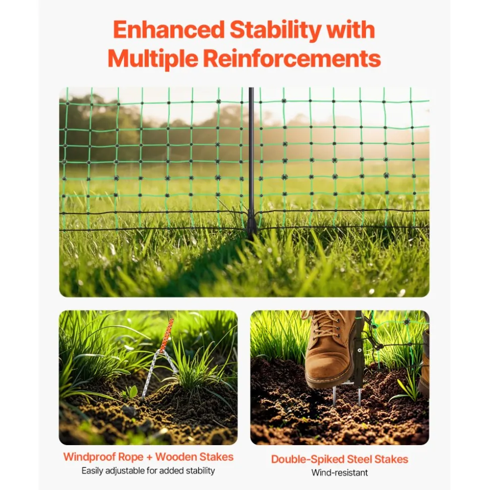 VEVOR Electric Fence Netting, 48" H x 100' L, PE Net Fencing Kit with Posts & Double-Spiked Stakes, Utility Portable Mesh for Chickens, Ducks, Geese, Rabbits, Used in Backyards, Farms, and Ranches
