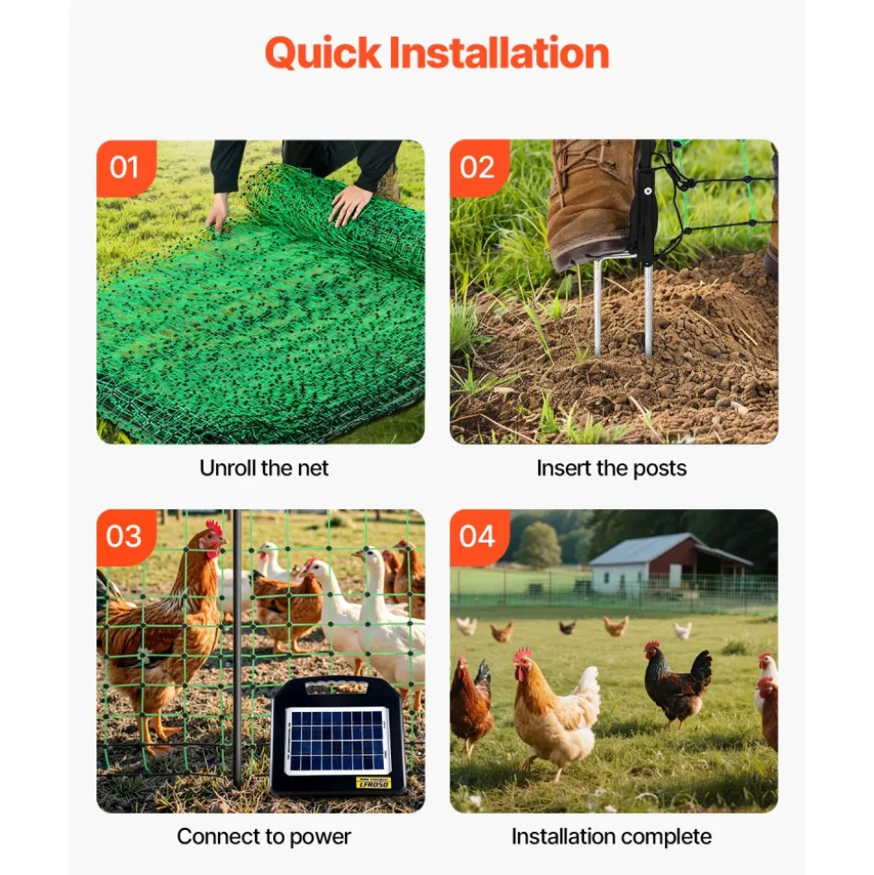 VEVOR Electric Fence Netting, 48" H x 100' L, PE Net Fencing Kit with Posts & Double-Spiked Stakes, Utility Portable Mesh for Chickens, Ducks, Geese, Rabbits, Used in Backyards, Farms, and Ranches