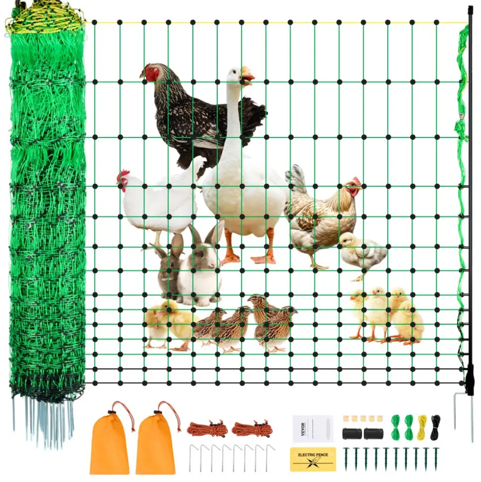 VEVOR Electric Fence Netting, 48" H x 100' L, PE Net Fencing Kit with Posts & Double-Spiked Stakes, Utility Portable Mesh for Chickens, Ducks, Geese, Rabbits, Used in Backyards, Farms, and Ranches