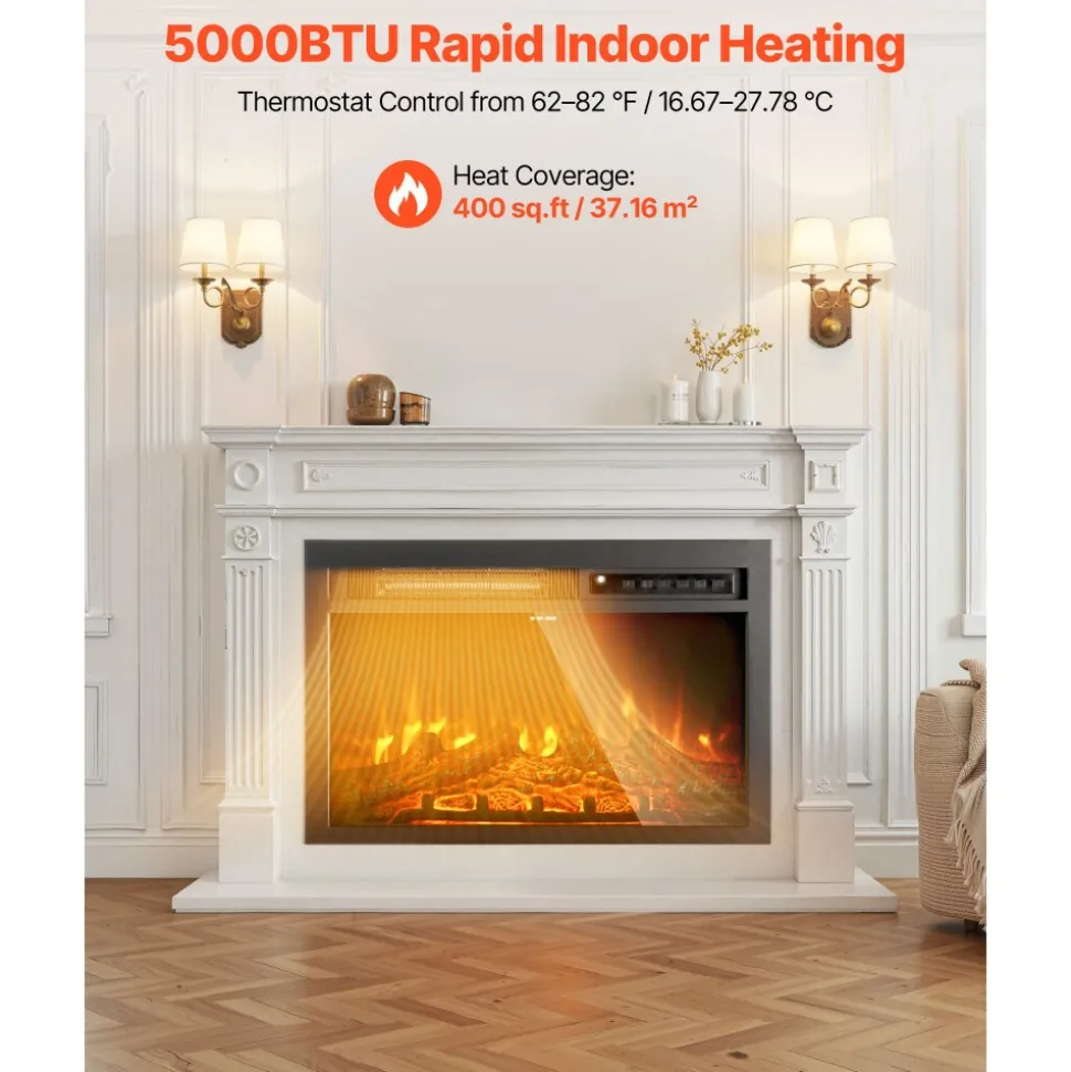 VEVOR Electric Fireplace Insert, 26 inch Recessed and Wall Mounted with Adjustable Flame Color Brightness & 8h Timer & Remote Control, Indoor Heater w/ 750W/1500W Dual Heating Modes, 5000BTU Black