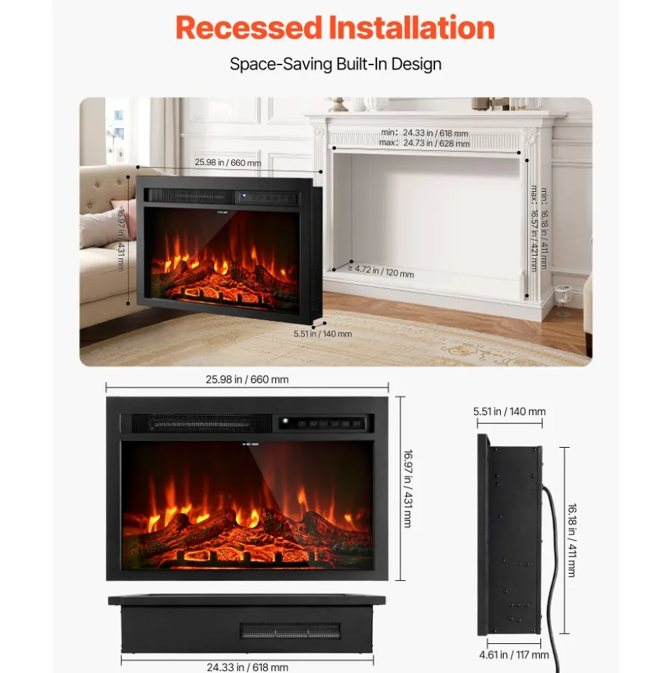 VEVOR Electric Fireplace Insert, 26 inch Recessed and Wall Mounted with Adjustable Flame Color Brightness & 8h Timer & Remote Control, Indoor Heater w/ 750W/1500W Dual Heating Modes, 5000BTU Black