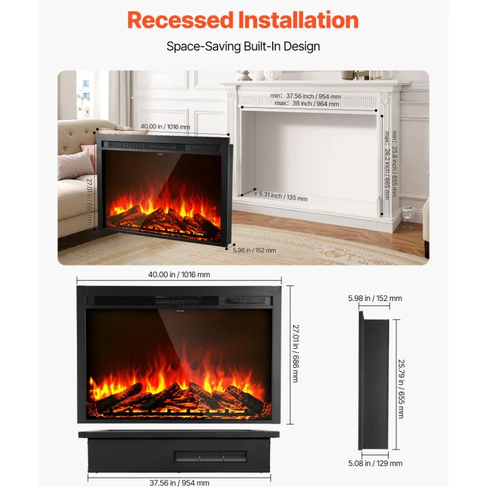 VEVOR Electric Fireplace Insert, 40 inch Recessed and Wall Mounted with Adjustable Flame Color Brightness & 8h Timer & Remote Control, Indoor Heater w/ 750W/1500W Dual Heating Modes, 5000BTU Black