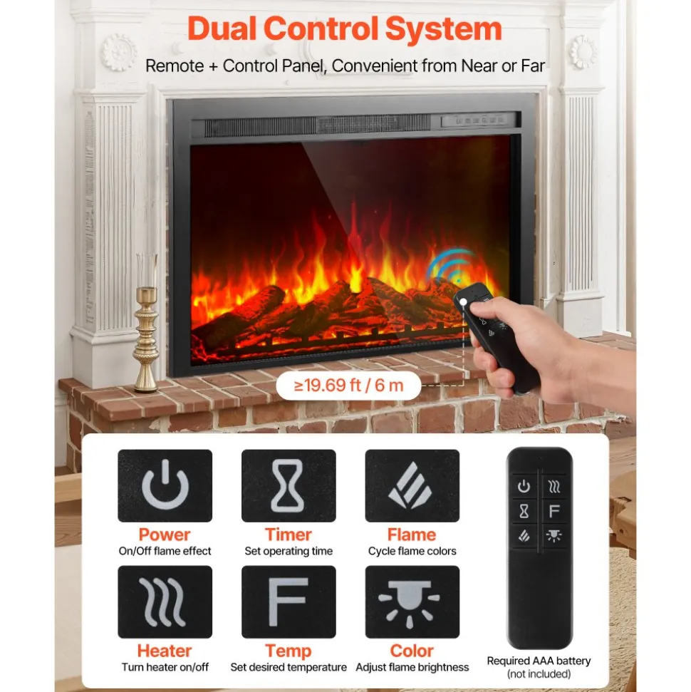 VEVOR Electric Fireplace Insert, 40 inch Recessed and Wall Mounted with Adjustable Flame Color Brightness & 8h Timer & Remote Control, Indoor Heater w/ 750W/1500W Dual Heating Modes, 5000BTU Black