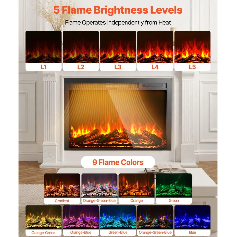 VEVOR Electric Fireplace Insert, 40 inch Recessed and Wall Mounted with Adjustable Flame Color Brightness & 8h Timer & Remote Control, Indoor Heater w/ 750W/1500W Dual Heating Modes, 5000BTU Black