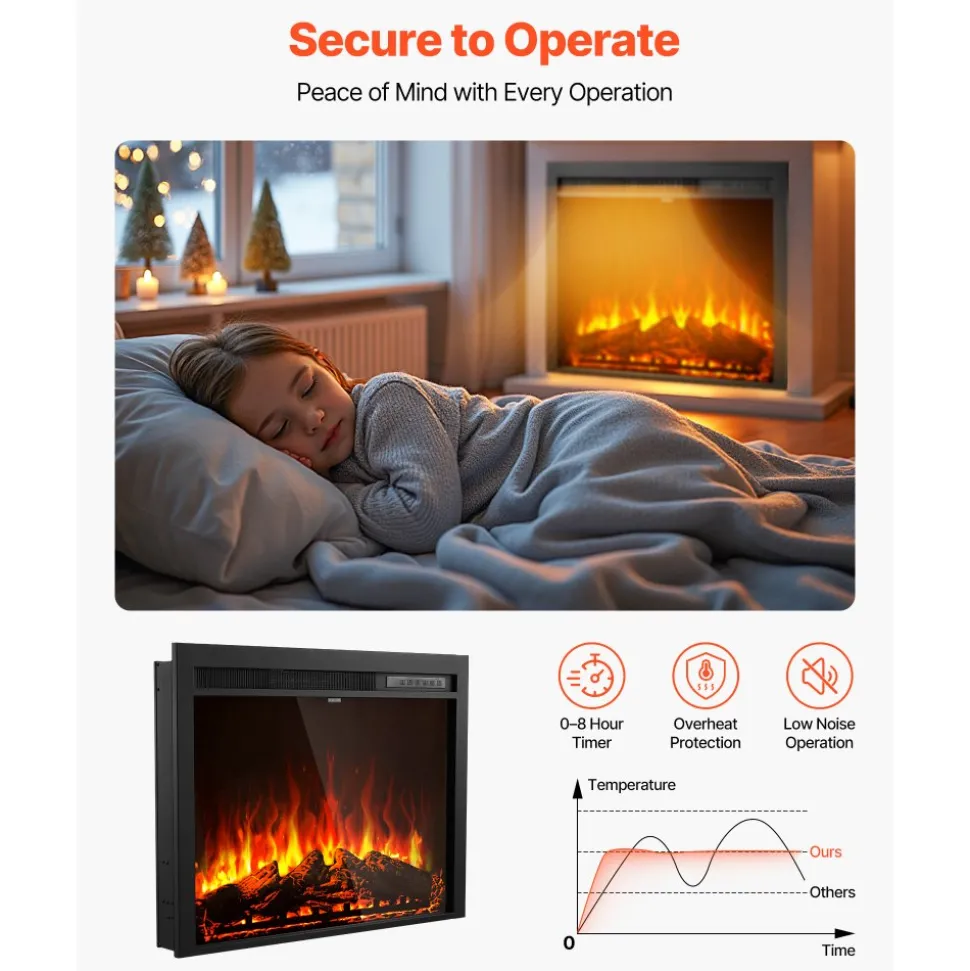 VEVOR Electric Fireplace Insert, 35 inch Recessed and Wall Mounted with Adjustable Flame Color Brightness & 8h Timer & Remote Control, Indoor Heater w/ 750W/1500W Dual Heating Modes, 5000BTU Black
