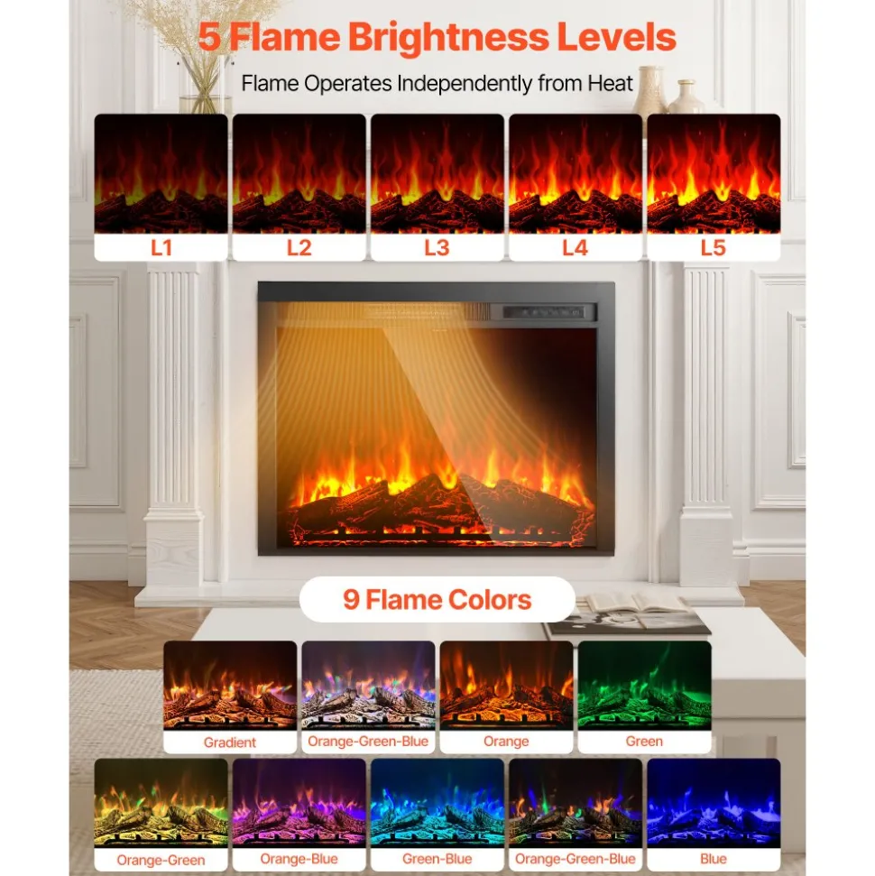 VEVOR Electric Fireplace Insert, 35 inch Recessed and Wall Mounted with Adjustable Flame Color Brightness & 8h Timer & Remote Control, Indoor Heater w/ 750W/1500W Dual Heating Modes, 5000BTU Black