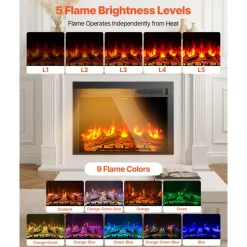 VEVOR Electric Fireplace Insert, 28.5 inch Recessed and Wall Mounted with Adjustable Flame Color Brightness & 8h Timer & Remote Control, Indoor Heater w/ 750W/1500W Dual Heating Modes, 5000BTU Black