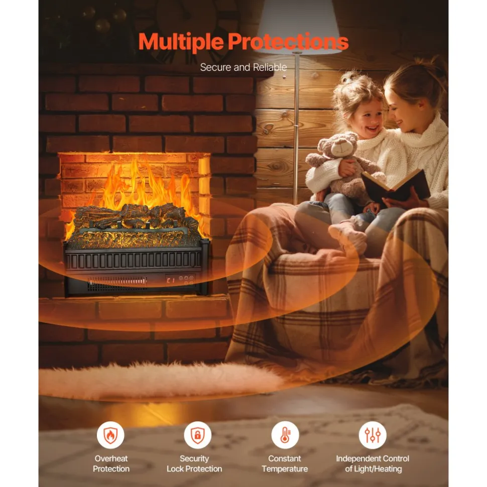 VEVOR Electric Fireplace Log, 20 inch Fireplace Insert Log Heater, with Remote Controller, 5 Adjustable Flame Brightness, 24H Timer, Overheat Protection, Thermostat, for Home and Office Decor Black