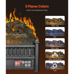 VEVOR Electric Fireplace Log, 20 inch Fireplace Insert Log Heater, with Remote Controller, 5 Adjustable Flame Brightness, 24H Timer, Overheat Protection, Thermostat, for Home and Office Decor Black