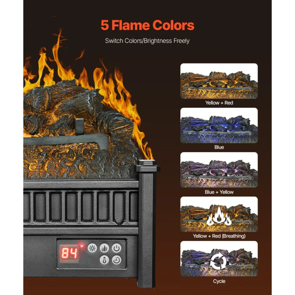 VEVOR Electric Fireplace Log, 20 inch Fireplace Insert Log Heater, with Remote Controller, 5 Adjustable Flame Brightness, 24H Timer, Overheat Protection, Thermostat, for Home and Office Decor Black