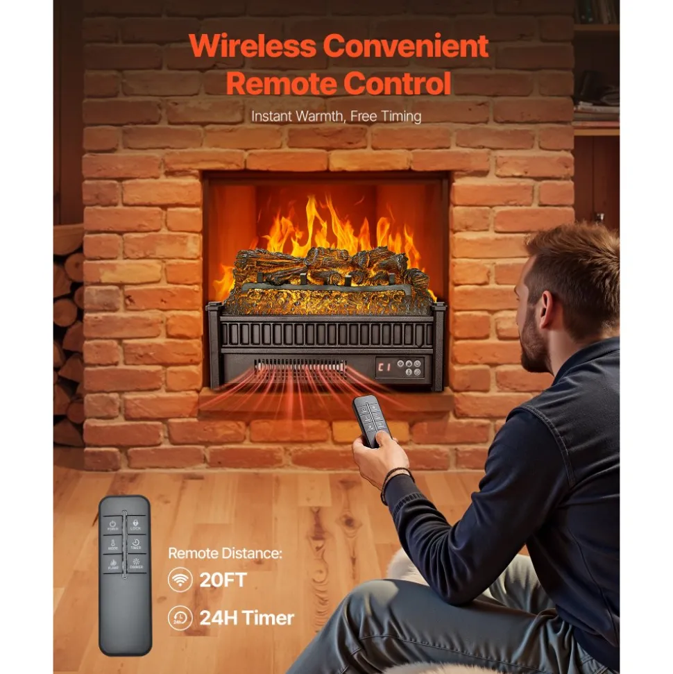 VEVOR Electric Fireplace Log, 20 inch Fireplace Insert Log Heater, with Remote Controller, 5 Adjustable Flame Brightness, 24H Timer, Overheat Protection, Thermostat, for Home and Office Decor Black
