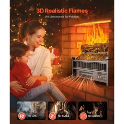 VEVOR Electric Fireplace Log, 20 inch Fireplace Insert Log Heater, with Remote Controller, 5 Adjustable Flame Brightness, 24H Timer, Overheat Protection, Thermostat, for Home and Office Decor Black