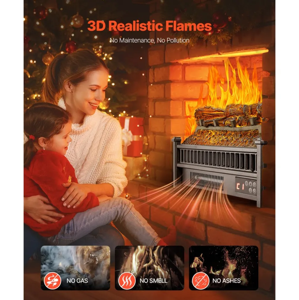 VEVOR Electric Fireplace Log, 20 inch Fireplace Insert Log Heater, with Remote Controller, 5 Adjustable Flame Brightness, 24H Timer, Overheat Protection, Thermostat, for Home and Office Decor Black