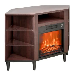 VEVOR Electric Fireplace TV Stand, Corner TV Stand for TVs up to 50", Corner Console with 18" Fireplace, Vintage Design, 20 LED Lights, Remote Control & Timer for Living Room, Brown