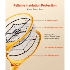 VEVOR Electric Fly Swatter, Zapper Racket with 3 Layers Mesh, Powerful Fly Killer Indoor & Outdoor with 500mAh Battery Rechargeable for Home, Bedroom, Kitchen and Patio, Yellow & Black