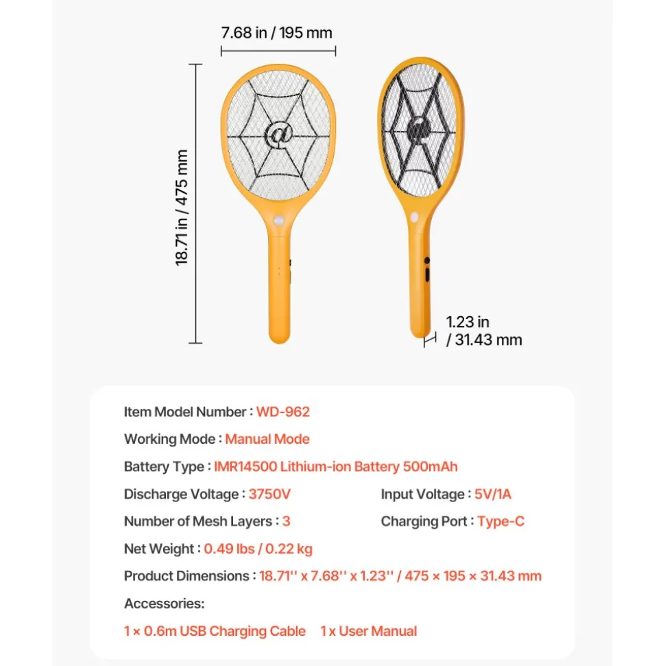 VEVOR Electric Fly Swatter, Zapper Racket with 3 Layers Mesh, Powerful Fly Killer Indoor & Outdoor with 500mAh Battery Rechargeable for Home, Bedroom, Kitchen and Patio, Yellow & Black