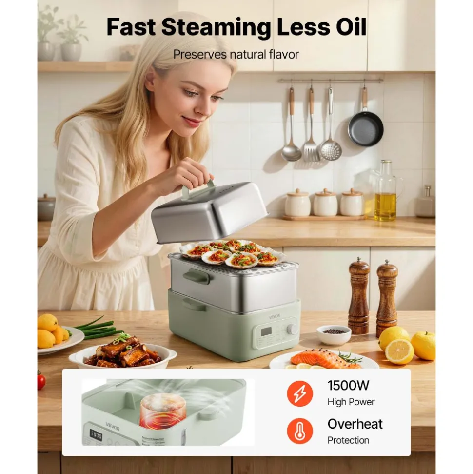 VEVOR Electric Food Steamer 10.6 QT Glass with 3-Tier Stainless Steel Trays, 1200W Vegetable Steamer for Cooking, 2-4 Servings, Pre-Programmed Settings, Delay Start, for Veggies, Seafood & Rice, White