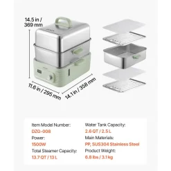 VEVOR Electric Food Steamer 10.6 QT Glass with 3-Tier Stainless Steel Trays, 1200W Vegetable Steamer for Cooking, 2-4 Servings, Pre-Programmed Settings, Delay Start, for Veggies, Seafood & Rice, White