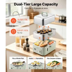 VEVOR Electric Food Steamer 10.6 QT Glass with 3-Tier Stainless Steel Trays, 1200W Vegetable Steamer for Cooking, 2-4 Servings, Pre-Programmed Settings, Delay Start, for Veggies, Seafood & Rice, White