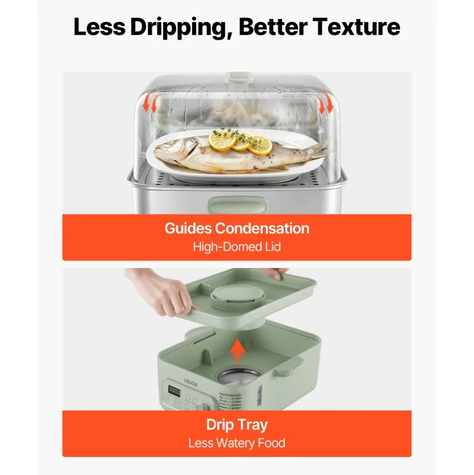 VEVOR Electric Food Steamer 10.6 QT Glass with 3-Tier Stainless Steel Trays, 1200W Vegetable Steamer for Cooking, 2-4 Servings, Pre-Programmed Settings, Delay Start, for Veggies, Seafood & Rice, White