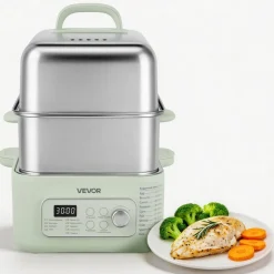 VEVOR Electric Food Steamer 10.6 QT Glass with 3-Tier Stainless Steel Trays, 1200W Vegetable Steamer for Cooking, 2-4 Servings, Pre-Programmed Settings, Delay Start, for Veggies, Seafood & Rice, White