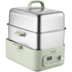 VEVOR Electric Food Steamer 10.6 QT Glass with 3-Tier Stainless Steel Trays, 1200W Vegetable Steamer for Cooking, 2-4 Servings, Pre-Programmed Settings, Delay Start, for Veggies, Seafood & Rice, White