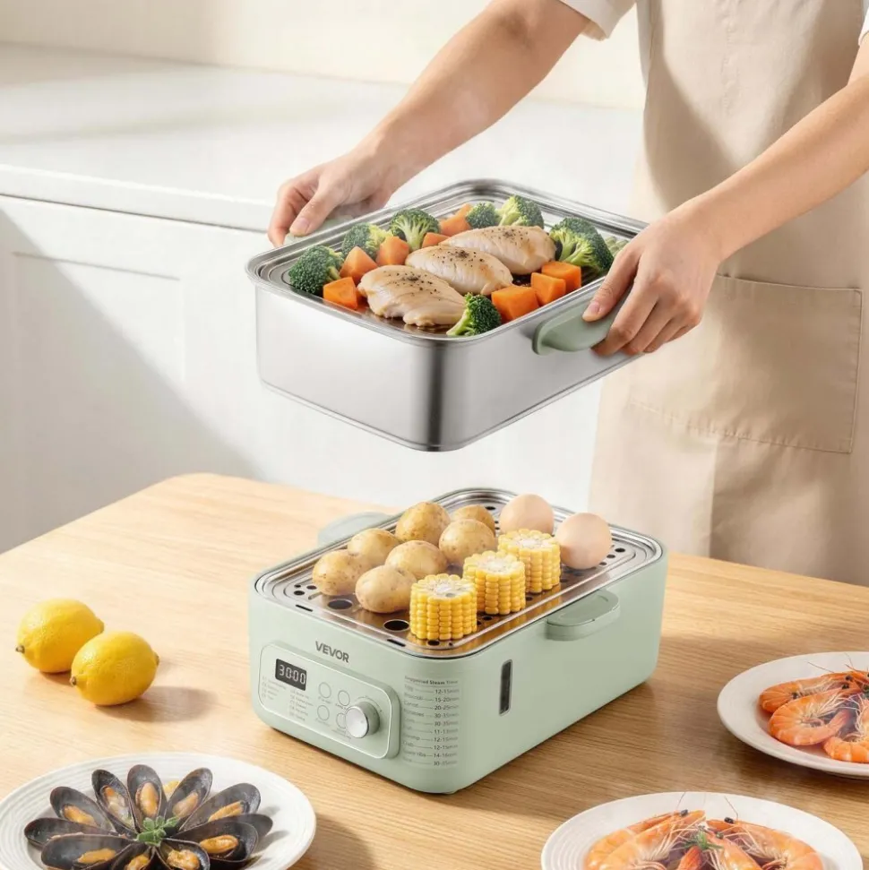 VEVOR Electric Food Steamer 10.6 QT Glass with 3-Tier Stainless Steel Trays, 1200W Vegetable Steamer for Cooking, 2-4 Servings, Pre-Programmed Settings, Delay Start, for Veggies, Seafood & Rice, White